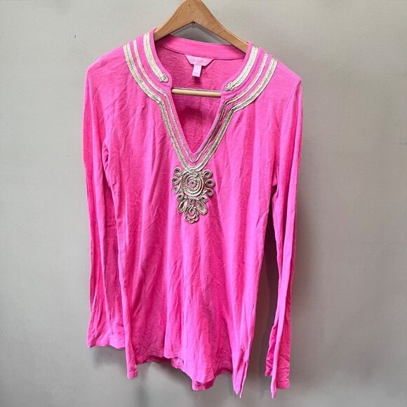 Lilly Pulitzer Emerson Hotty Pink Long Sleeve Tunic Top Gold Applique Trim - Sz. - Picture 1 of 5
